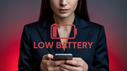 Businesswoman holding smartphone with glowing red low battery alert icon on dark crimson to black gradient background