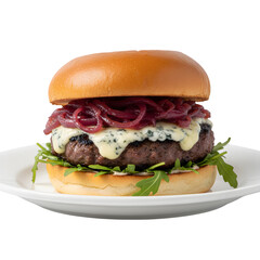 Juicy gourmet beef burger with melted cheese and caramelized red onions isolated on transparent background