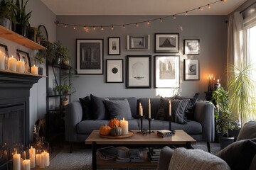 Cozy gray living room with candles, pumpkins, and framed art on the wall. Cozy living room with subtle Halloween decorations black candles, pumpkin garland, pillows with spooky prints