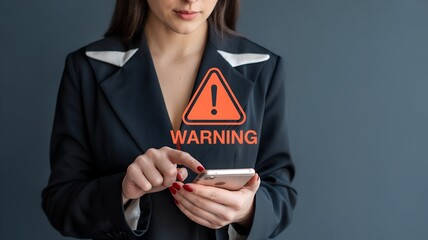 Professional woman tapping smartphone with glowing orange warning triangle alert icon on dark slate gray gradient background
