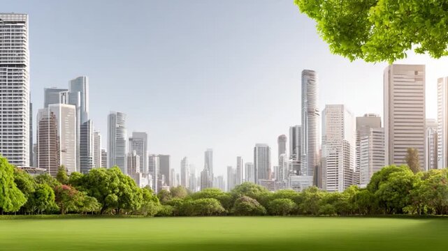 Green Cityscape: A vibrant city skyline merges seamlessly with lush greenery, depicting an eco-conscious metropolis where nature and architecture coexist harmoniously under a bright, clear sky.