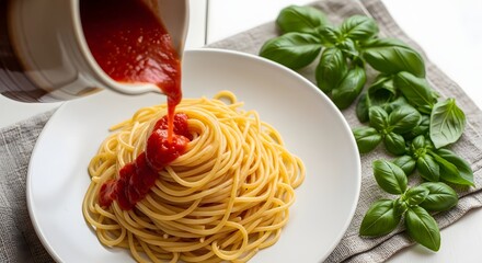 Italian Delight Spaghetti with Rich Tomato Sauce and Fresh Basil Leaves