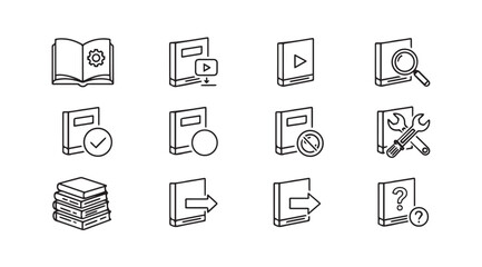 Collection of book icons representing various functions and actions silhouette