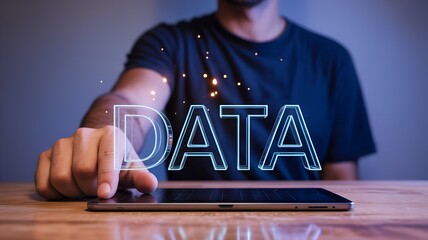 Man interacting with slim tablet projecting neon blue 3D data hologram with floating blocks and purple ambient glow