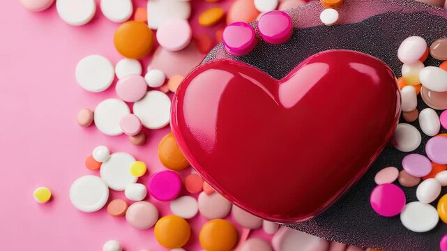 A glossy red heart rests amidst a colorful assortment of candies on a pink background, ideal for themes of love, celebration, and joyful moments.