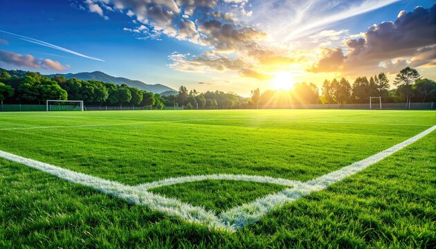 Green Soccer Field Under a Bright Sky with Sunlight and Clouds Landscape Featuring a Lush Field White Corner Lines and Distant Trees Bathed in Warm Light