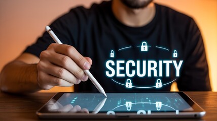 Over-the-shoulder shot of man using tablet with silver stylus projecting glowing security hologram with padlocks and dramatic orange-blue lighting