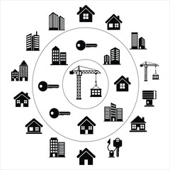 Real Estate Concepts Homes, Buildings, Keys, and Construction in Circular Design