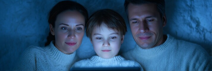 Cozy Caucasian family, midnight digital glow, snug sweaters, virtual Yule storytelling, intimacy of lunar reverie captivates Wintertide essence