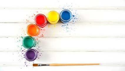 WHITE wooden table , colorfull jar and paint brush arial view