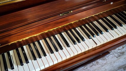 This image showcases a close-up view of piano keys on a polished wooden surface, highlighting the blend of craftsmanship and music in an elegant setting.