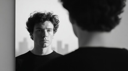 Reflective pondering of curly-haired Caucasian male gazing into existential abyss, capturing Festivus introspection, urban solitude ethos