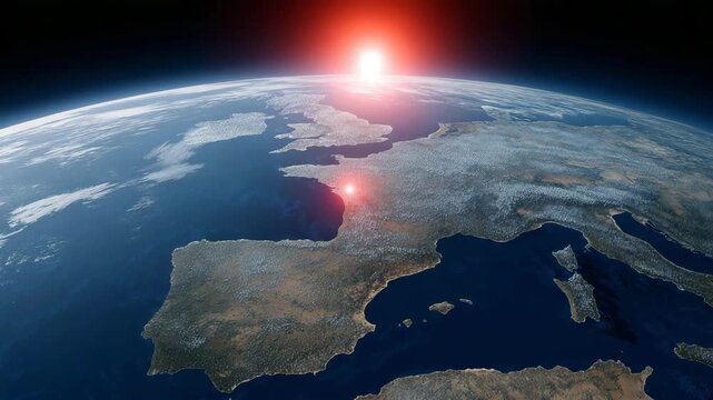 The planet is a beautiful blue color with a bright red sun in the sky. Globe with red heat spot over Iberian Peninsula, minimal conceptual heatwave Spain, Europe context