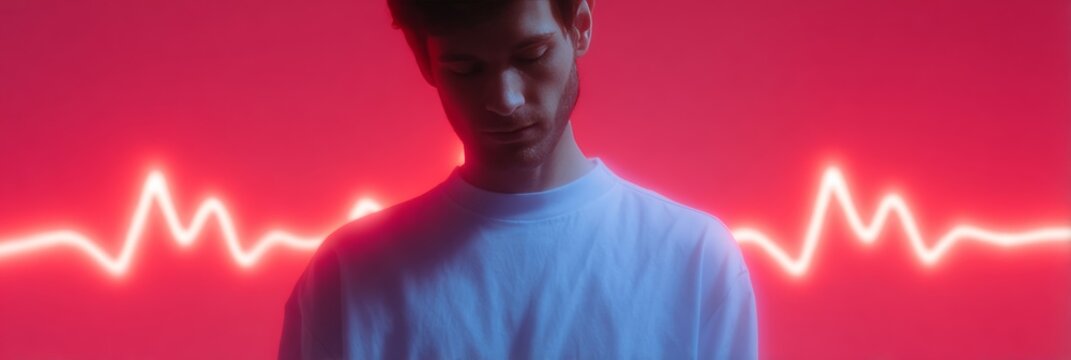 A pensive Caucasian man in a white shirt stands before a vivid neon heartbeat, symbolizing Self-Reflection Day and Techno Reverie Festival