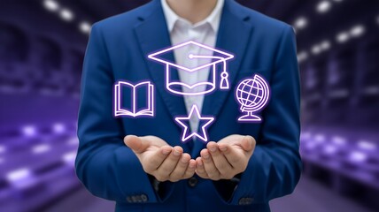 Person holding hands under glowing purple holographic education icons with graduation cap, book, globe, and star on bokeh background
