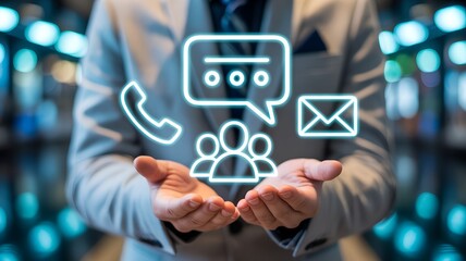 Person holding hands under glowing cyan holographic communication icons with chat bubble, phone, envelope, and people on bokeh background