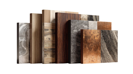Assorted wood and stone slabs in various tones