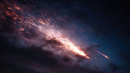 Fototapeta premium Celestial phenomenon featuring a stunning galaxy with vibrant colors, bright stars, swirling clouds, and a meteor streaking across the night sky, captivating and awe-inspiring.
