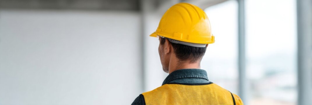 Asian male construction worker, reflective vest shimmering, envisions Great British Tradies Day, constructing dreams amid urban renaissance symphony