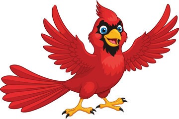 Colorful red cardinal bird cartoon, happy songbird illustration, flying bird character art, cute feathered animal design, adorable wildlife drawing