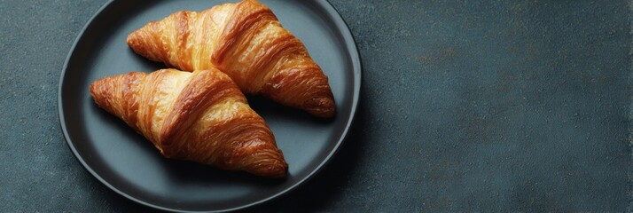 Golden croissants on a shadowy plate, evoking breakfast nostalgia and Bastille Day indulgence with buttery, flaky layers