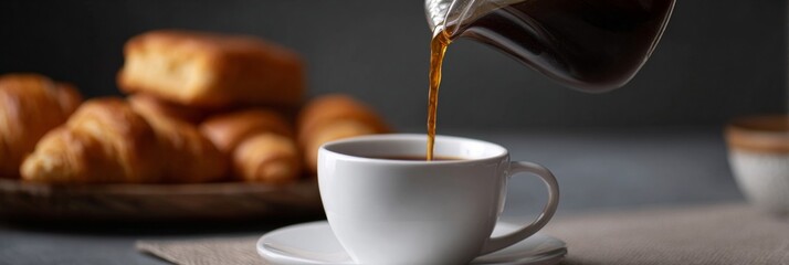 Pouring velvety coffee into a poised cup beside flaky croissants, celebrating European breakfast rituals and International Coffee Day reverie