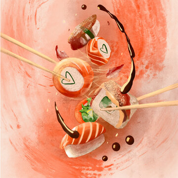 Ilustrasi Makanan Jepang Sushi digambar dengan perpaduan teknik sikat watercolor, gouache, dan oil painting dan latar belakang jingga