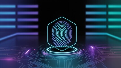Futuristic digital fingerprint hologram with glowing cyan and teal outlines on hexagonal circuit board over navy-aqua holographic grid