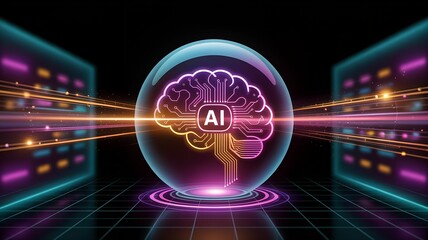 Luminous AI brain hologram with neon magenta and gold circuitry inside translucent sphere on reflective gradient platform with futuristic data tunnel