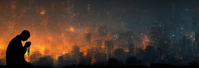 Cityscape Silhouette at Night  Someone with prayer beads in hand and thinking about mathematical equations