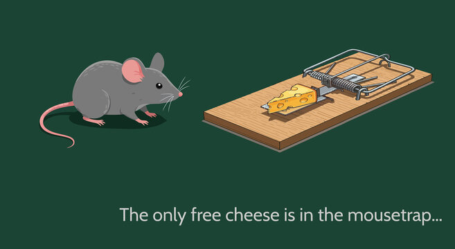A simple vector illustration depicting "The only free cheese is in the mousetrap."