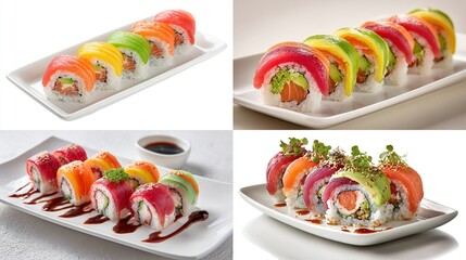 Rainbow sushi rolls on plates, featuring vibrant fish slices and avocado