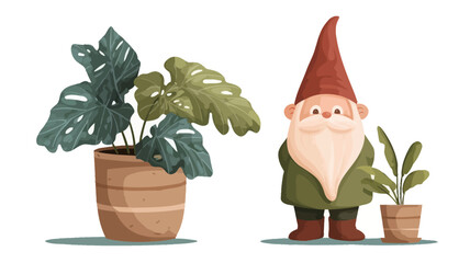 A digital illustration featuring a cartoon garden gnome standing next to two potted plants.  The gnome is depicted wearing a red hat and green coat. One plant is a Monstera deliciosa in a large