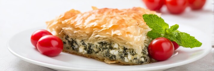 Flaky spanakopita slice basking in lush sunlight, Greek festive feast, crispy indulgence, Mediterranean culinary embrace with mint whisper