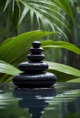 Zen black stones with water drops, spa balance concept, tropical leaves background