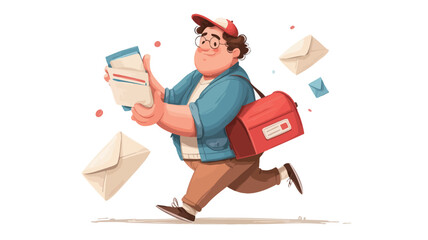 A digital illustration depicting a cartoon mailman, characterized by a chubby build, wearing a red cap and blue jacket, carrying a red mail bag and several envelopes. 