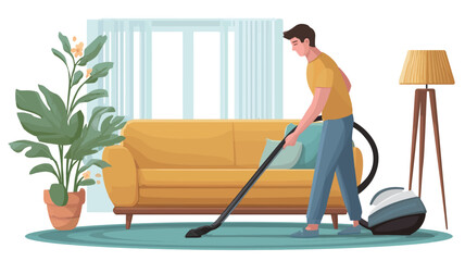 Illustration of a man vacuuming a living room. The style is vector, flat, and cartoonish. The color palette is muted with yellows, grays, and greens. The scene depicts a man in casual clothing