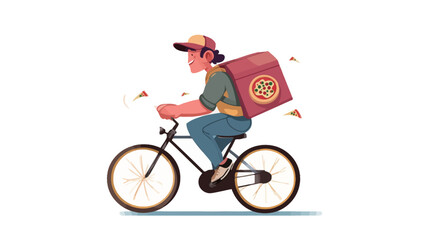 A vector illustration depicting a cartoon-style delivery person riding a bicycle. The delivery person wears a red cap and blue jeans and carries a large pizza delivery bag on their back. 