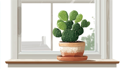A digital illustration depicts a cactus plant in a terracotta pot sitting on a light-colored wooden windowsill. The cactus is a vibrant green with several pads and is the central focus of the