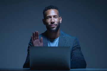 A contemplative man, African American, greets the virtual cosmos from twilight workspace, embracing World Hello Day and Digital Detox Week