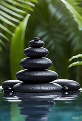 Obraz premium Zen black stones with water drops, spa balance concept, tropical leaves background