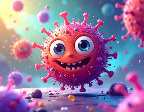 Cartoon virus with a happy expression