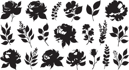 Black floral vector pack: rose, peony, leaves, and branches silhouettes eps