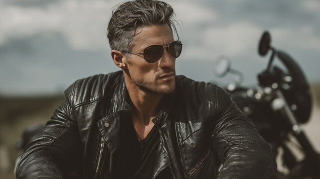 Posing and glancing to the side.  The man is riding his motorcycle outside.