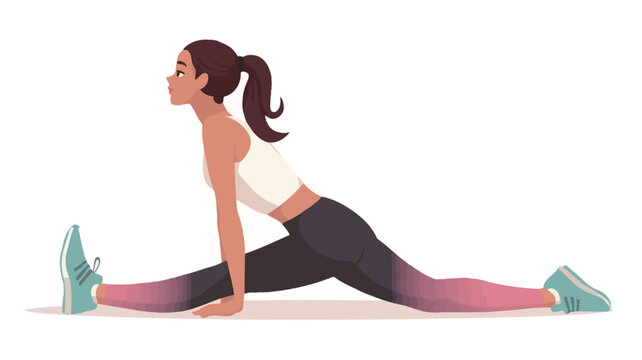 A stylized illustration depicting a young woman with brown hair tied in a ponytail, performing a front leg split stretch. She is wearing a white sports bra and dark grey leggings with a pink