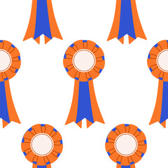Seamless pattern with victory badges. Ribbon winner rosette in repeat print. Awards for success, prize emblems, ranking badges for textile, wallpaper and wrapping