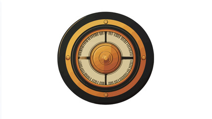 A digital illustration of a circular gauge or dial.  The design features concentric circles in shades of gold, black, and cream.  The central area is a raised, domed shape with a smaller circular