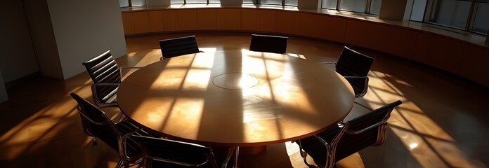 A contemporary business boardroom including a sizable circular wooden table and seats that create striking shadows in the sunlight