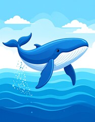 Cartoon whale leaping in ocean