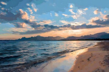 Serene ocean waves gently lap a golden sand beach under a dramatic sky as the sun sets behind distant, silhouetted mountains.